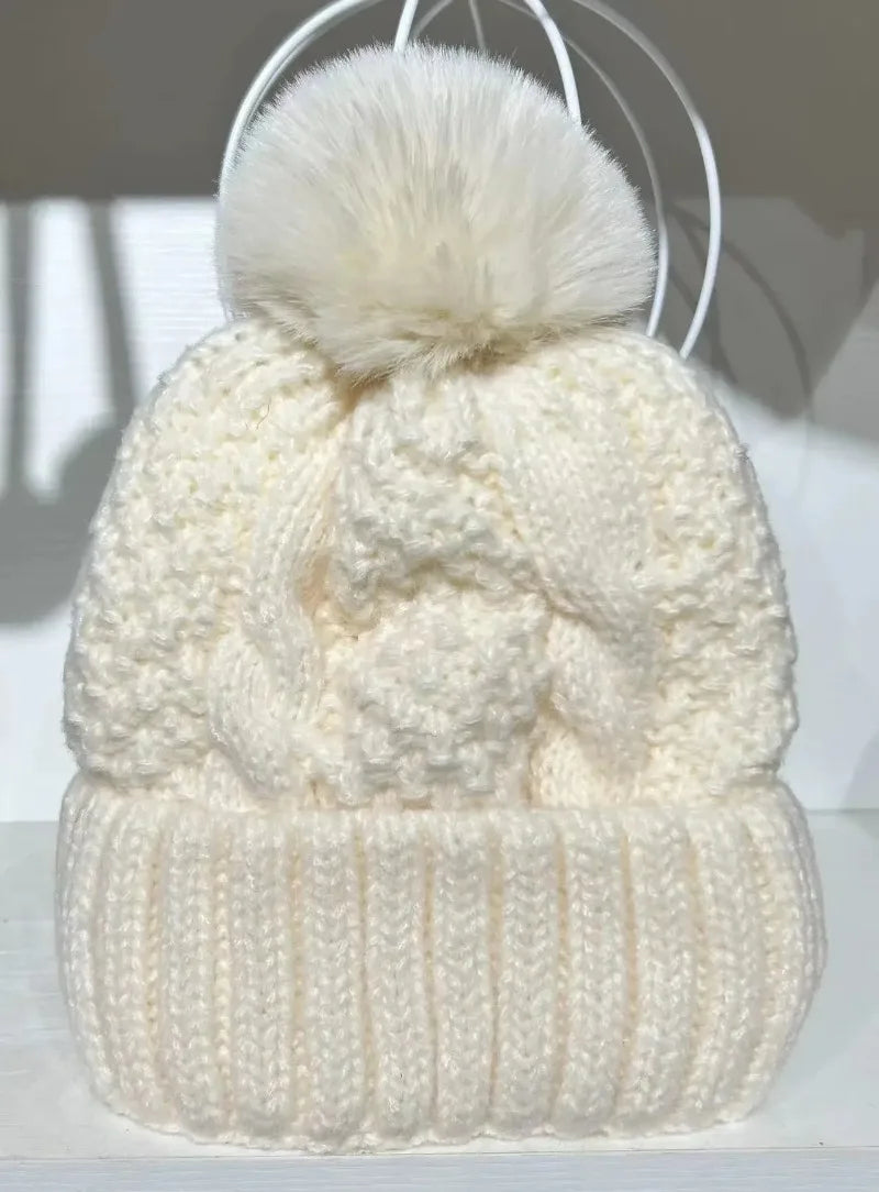 Gorro Invierno Mujer Pompón Piel - Tejido Twist Plush Beanie Ski Snow Cálido