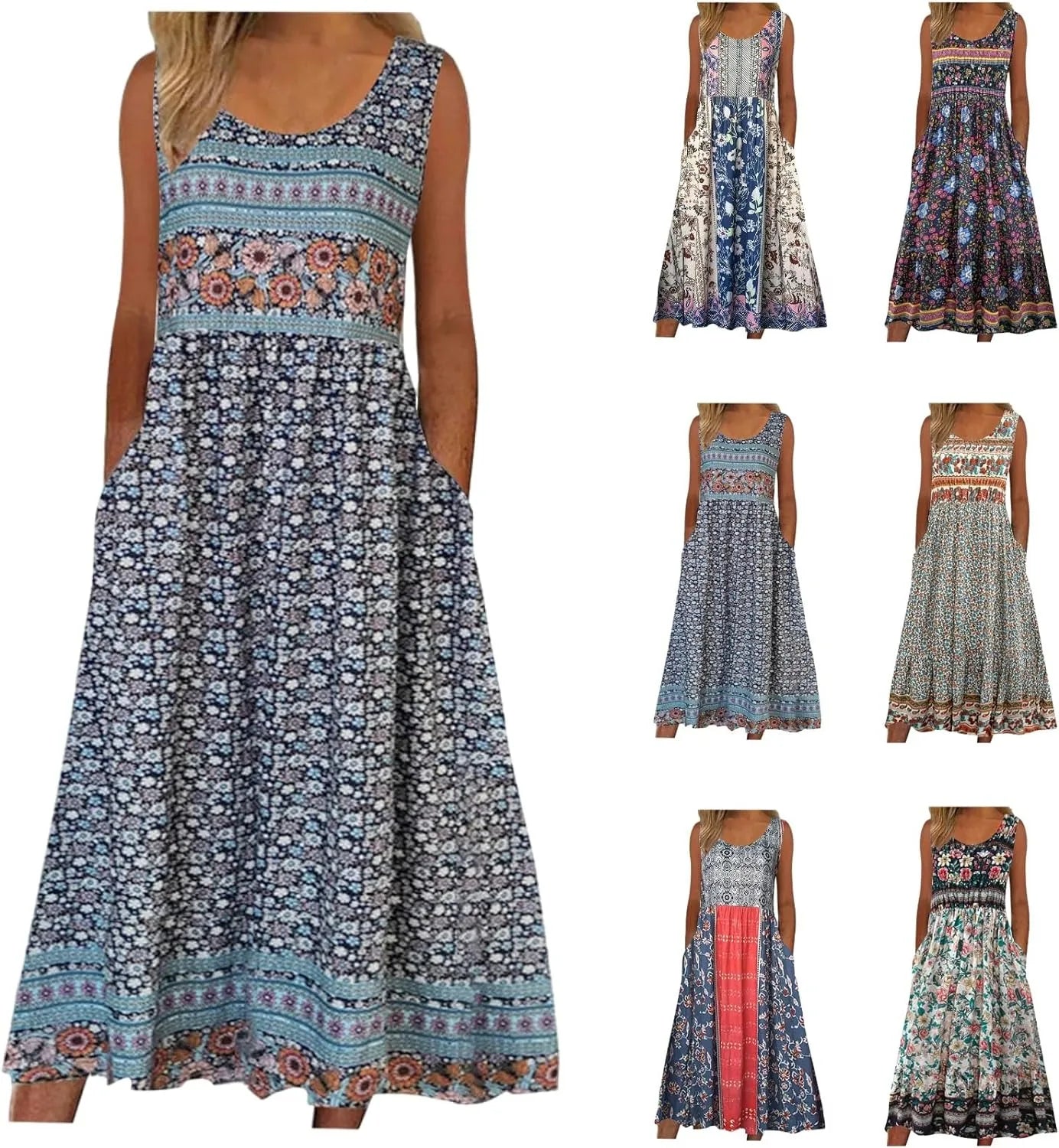 Bohemian Floral Sleeveless Midi Sundress with Pockets | Loose Casual Beach Women's Dress