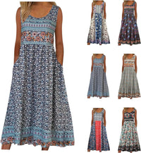 Bohemian Floral Sleeveless Midi Sundress with Pockets | Loose Casual Beach Women's Dress