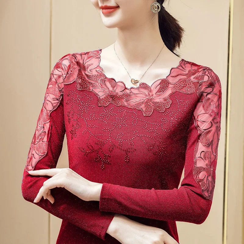 Embroidered Diamond Lace Long Sleeve Top – Loose Fit O-Neck Women's Tee