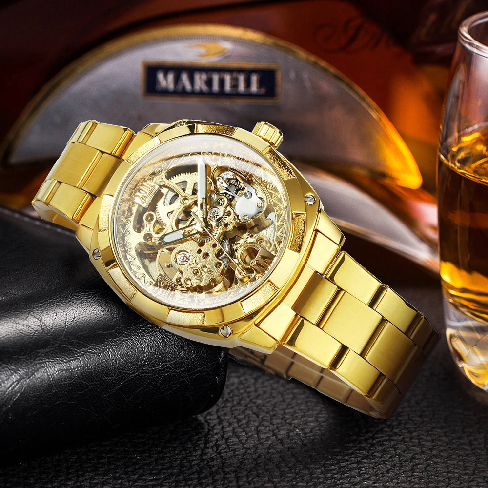 Forsining Square Gold Skeleton Automatic Men Watch Engraved Movement Luminous Hands Mechanical Watches Luxury Stainless Steel