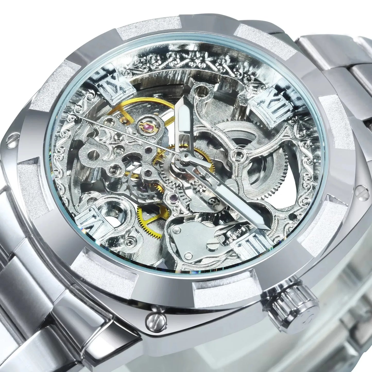 Forsining Square Gold Skeleton Automatic Men Watch Engraved Movement Luminous Hands Mechanical Watches Luxury Stainless Steel