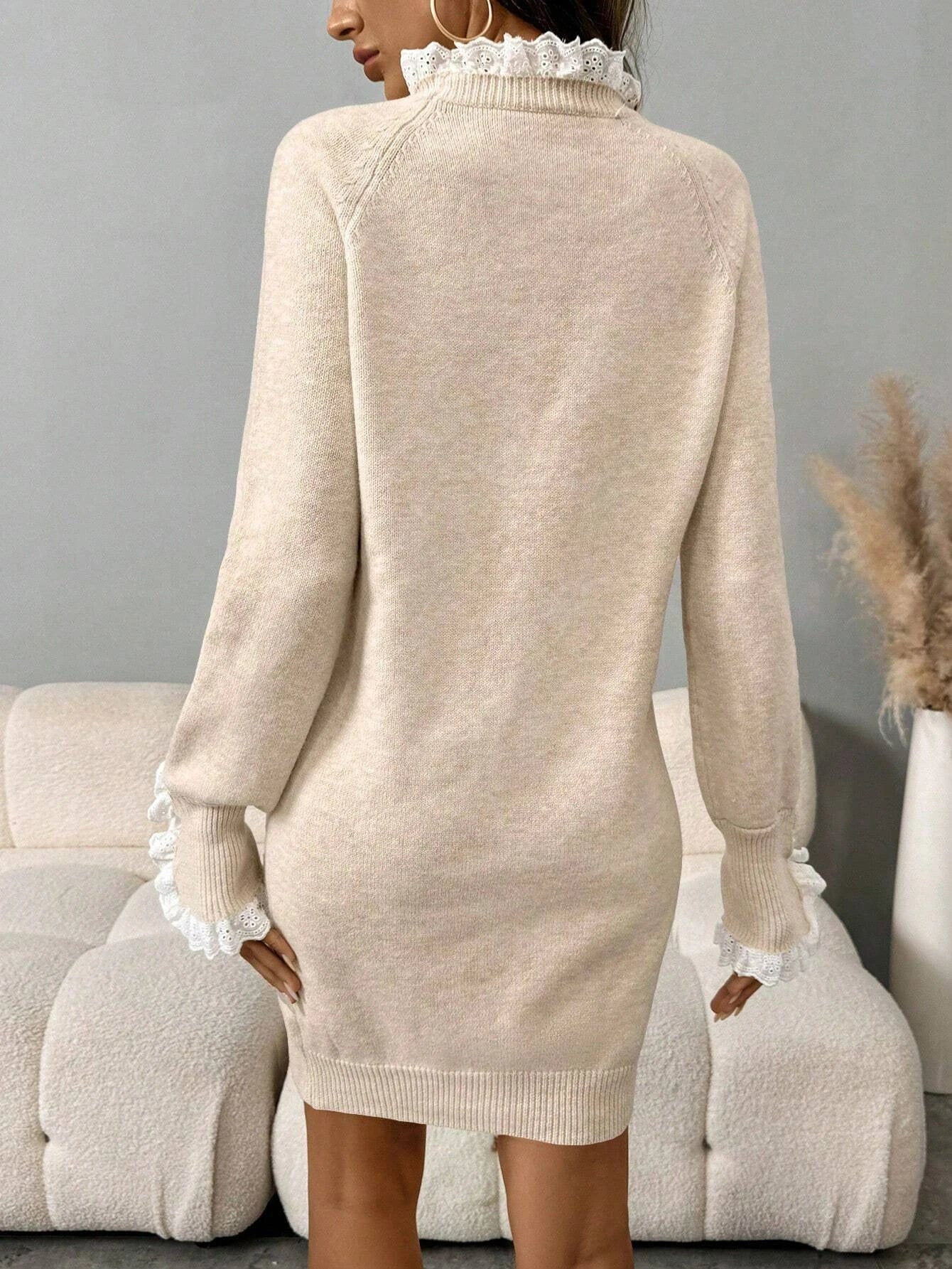 Autumn and Winter New Fashion Woman Sweater Lace Splicing Half High Neck Bottom Shirt Slim Sweater Lace Knit Top