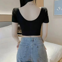 Y2K Twist Front V-Neck Slim Crop Tee – Solid Short Sleeve Women's Streetwear Top