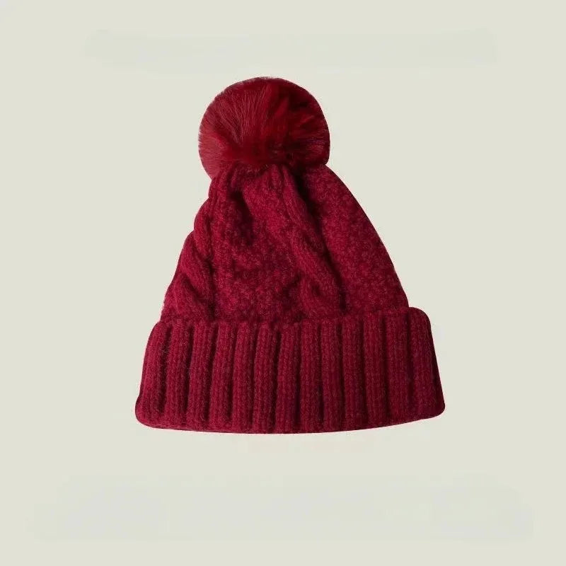 Gorro Invierno Mujer Pompón Piel - Tejido Twist Plush Beanie Ski Snow Cálido