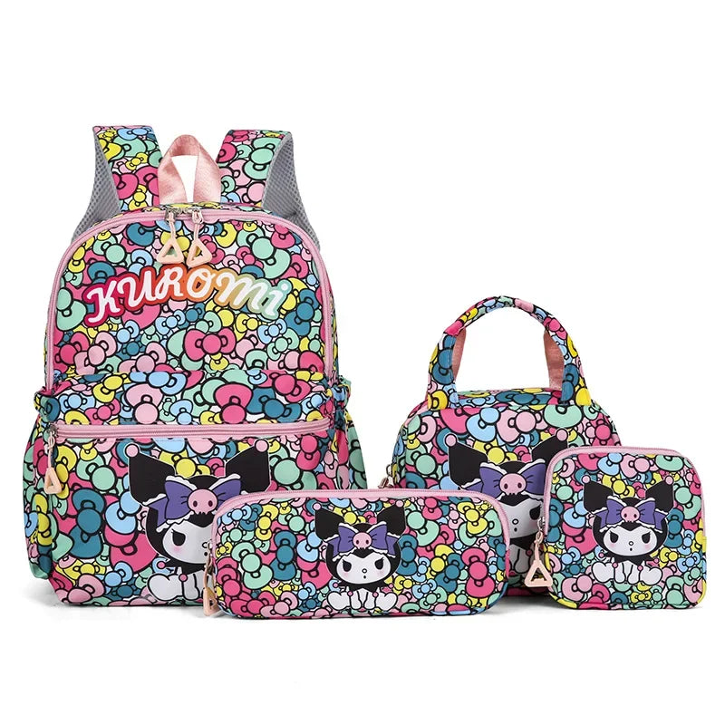 Set de 4 Piezas Mochila Escolar Kuromi Hello Kitty - Alta Capacidad para Niñas