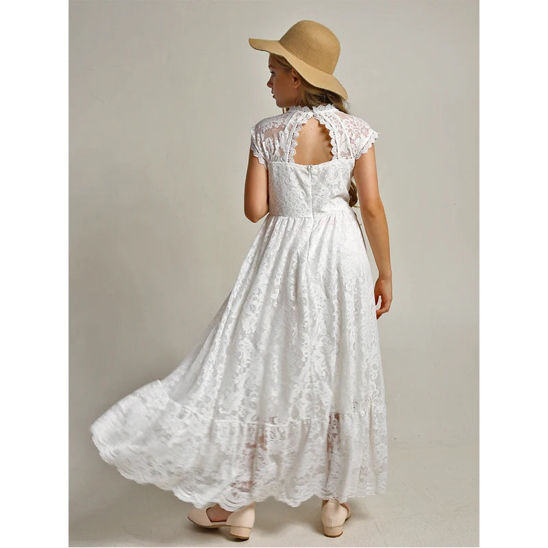 Lace Flower Applique Backless Gown – Elegant Girls' Party & Wedding Dress Ages 2–12