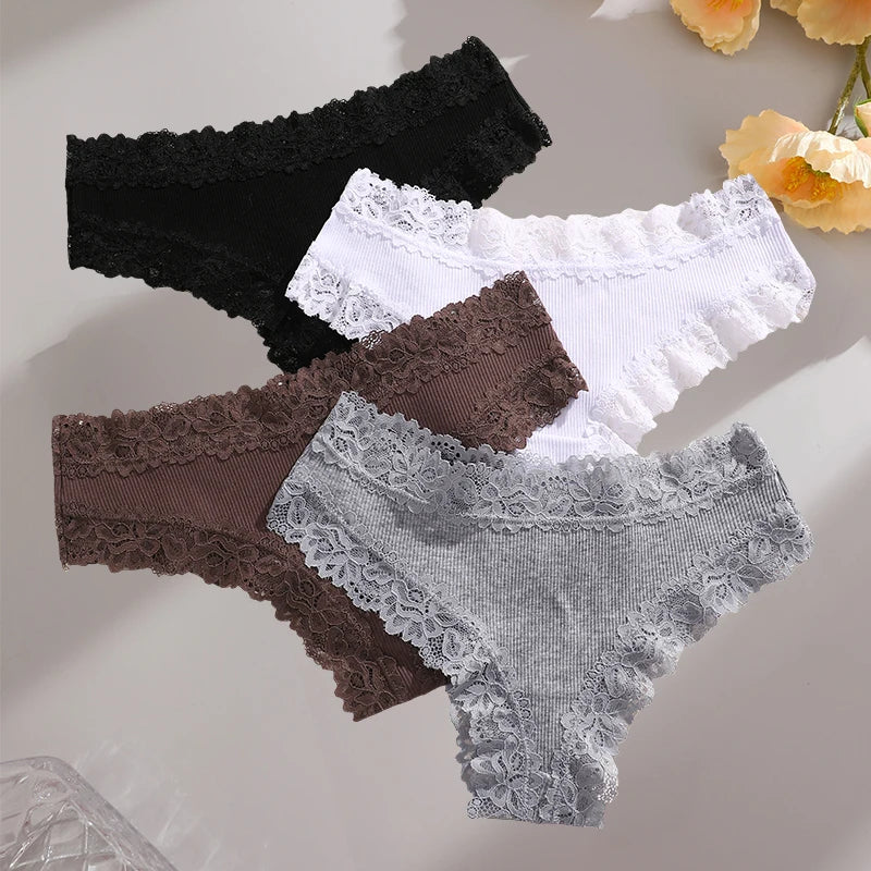 FINETOO 4PCS Sexy Lace Cotton Panties Women Brazilian Panties Ladies Sexy Low Waist Elastic T-Back Bikini Solid Soft Lingerie