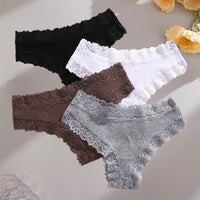 FINETOO 4PCS Sexy Lace Cotton Panties Women Brazilian Panties Ladies Sexy Low Waist Elastic T-Back Bikini Solid Soft Lingerie