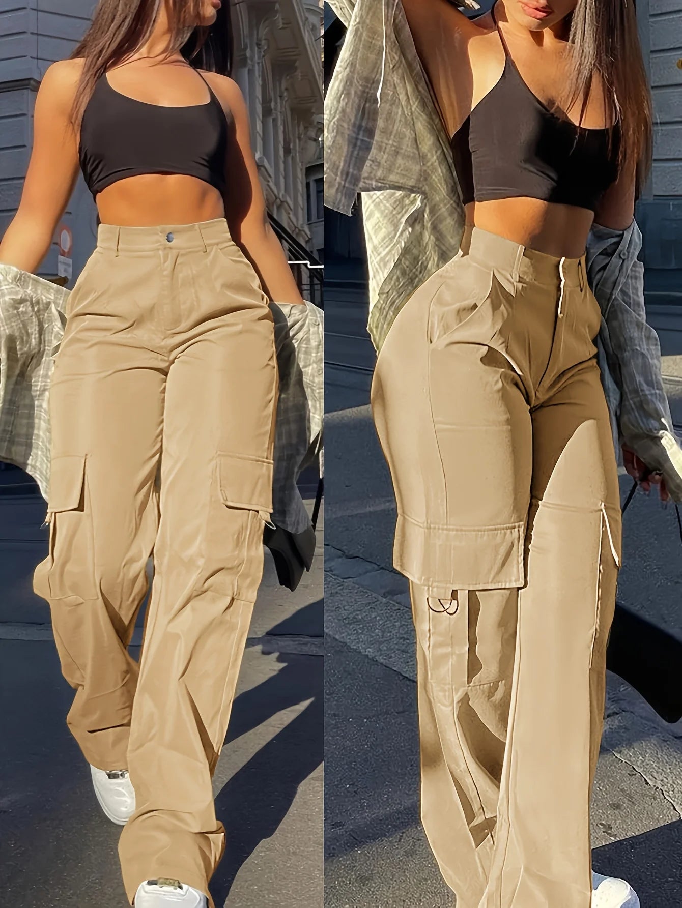 Women's Cargo Pants Flap Pockets Wide-leg Overalls Suitable For Daily Casual Street Wear In All Season