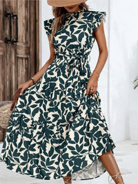 Floral Flying Sleeve Lace-Up Midi Dress | Elegant A-Line Empire Waist Women's Summer Dress