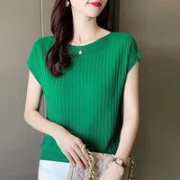Slash Neck Short Sleeve Knit Pullover – Loose Fit Solid Women's Summer Sweater