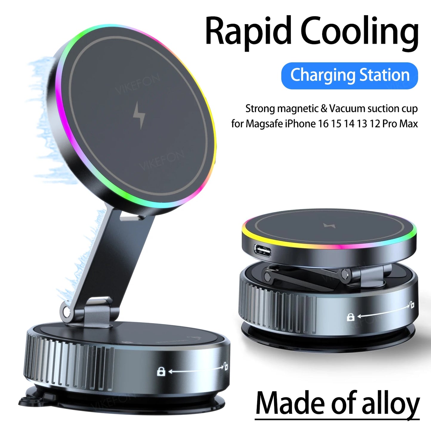 VIKEFON 15W MagSafe Car Mount Wireless Charger – Active Cooling, RGB Light, 360° Adjustable | iPhone 12–16