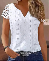 Lace Patch V-Neck Short Sleeve Blouse – Buttoned Solid Women's Summer Top