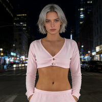 Trendy Solid Color Cropped Cardigan V Neck Button Down Long Sleeve Slim Fit T-shirts for Women Streetwear