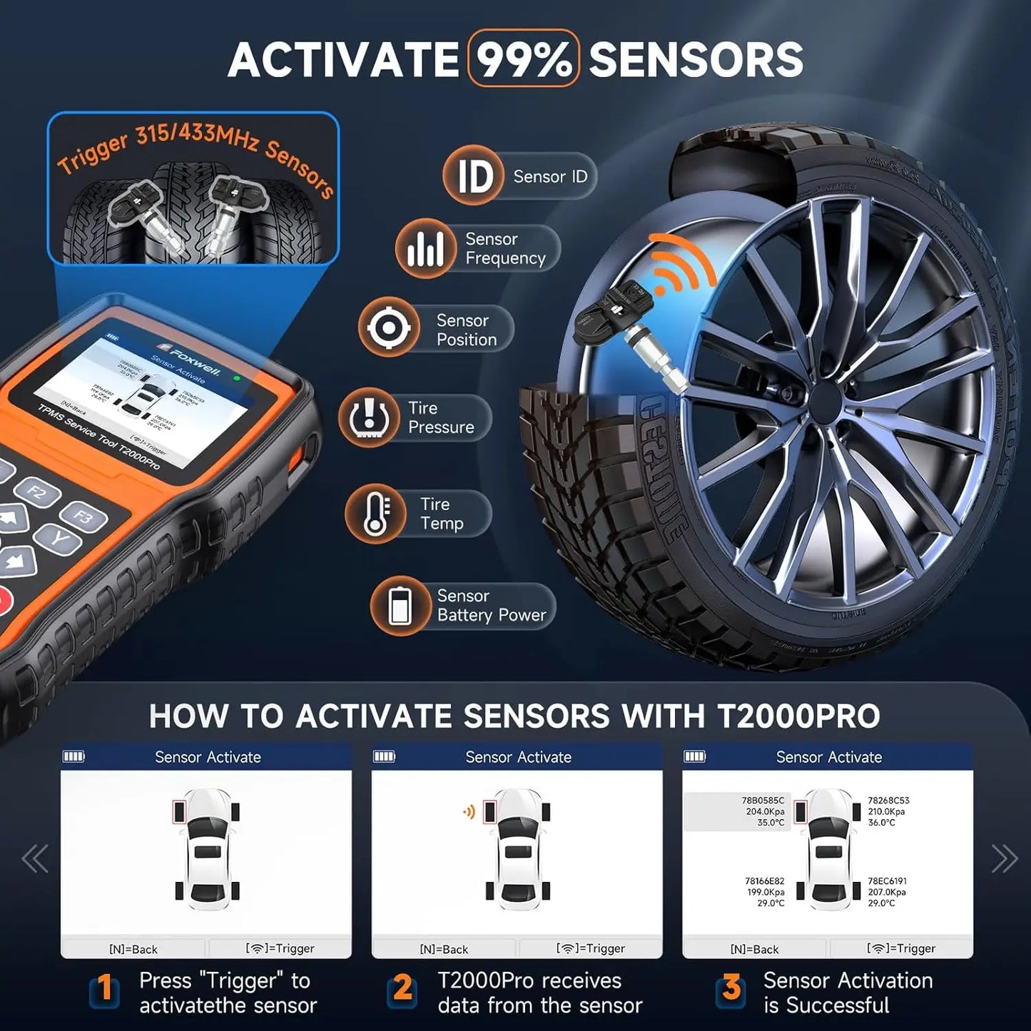 FOXWELL T2000 PRO Auto Tire Pressure Tool Reset TPMS Relearn Activate Sensors Programming Car OBD2 Code Reader Diagnostic Tools