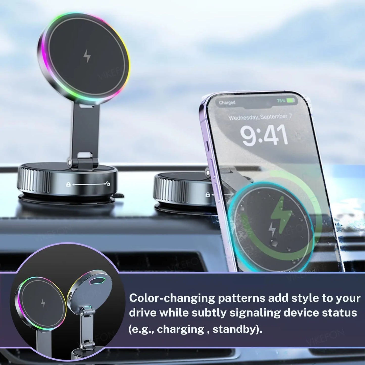 VIKEFON 15W MagSafe Car Mount Wireless Charger – Active Cooling, RGB Light, 360° Adjustable | iPhone 12–16