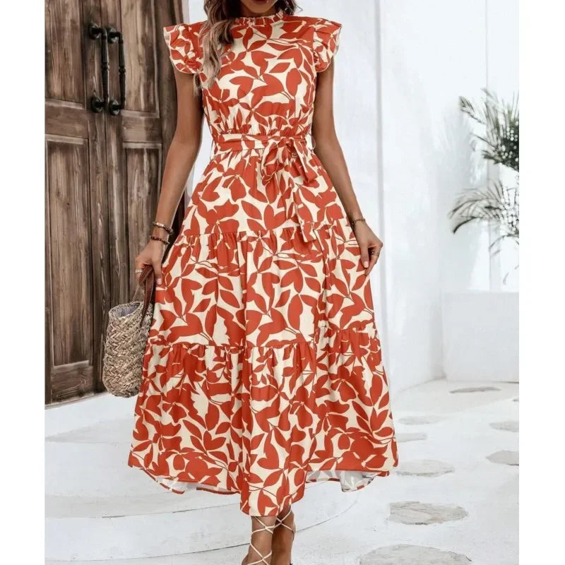 Floral Flying Sleeve Lace-Up Fairy Dress | A-Line Midi Women's Summer Dress