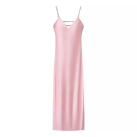 Vestido Satinado Amarillo Mujer - Maxi Vestido Cuello V Sin Mangas para Fiesta y Vacaciones