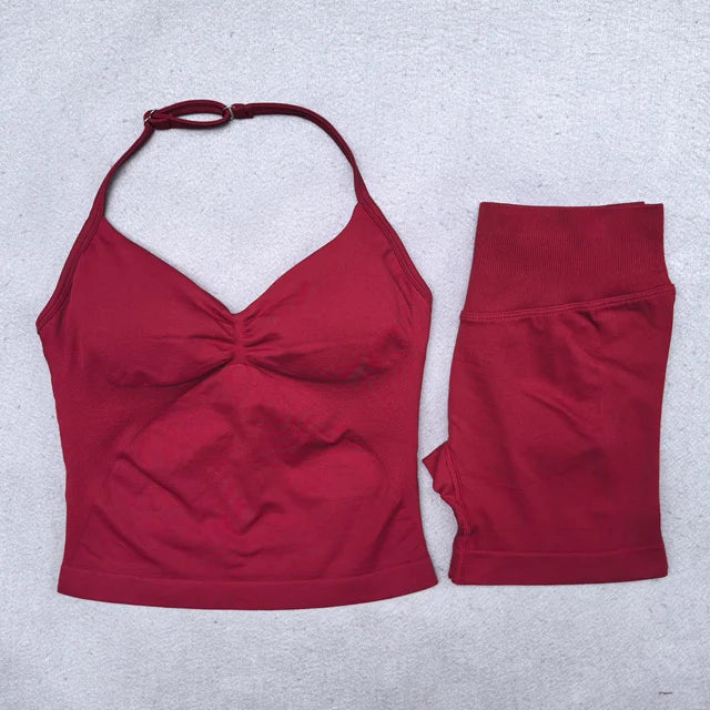 Conjunto Yoga 2 Piezas Mujer - Top Halter Sin Espalda y Shorts Cintura Alta Seamless