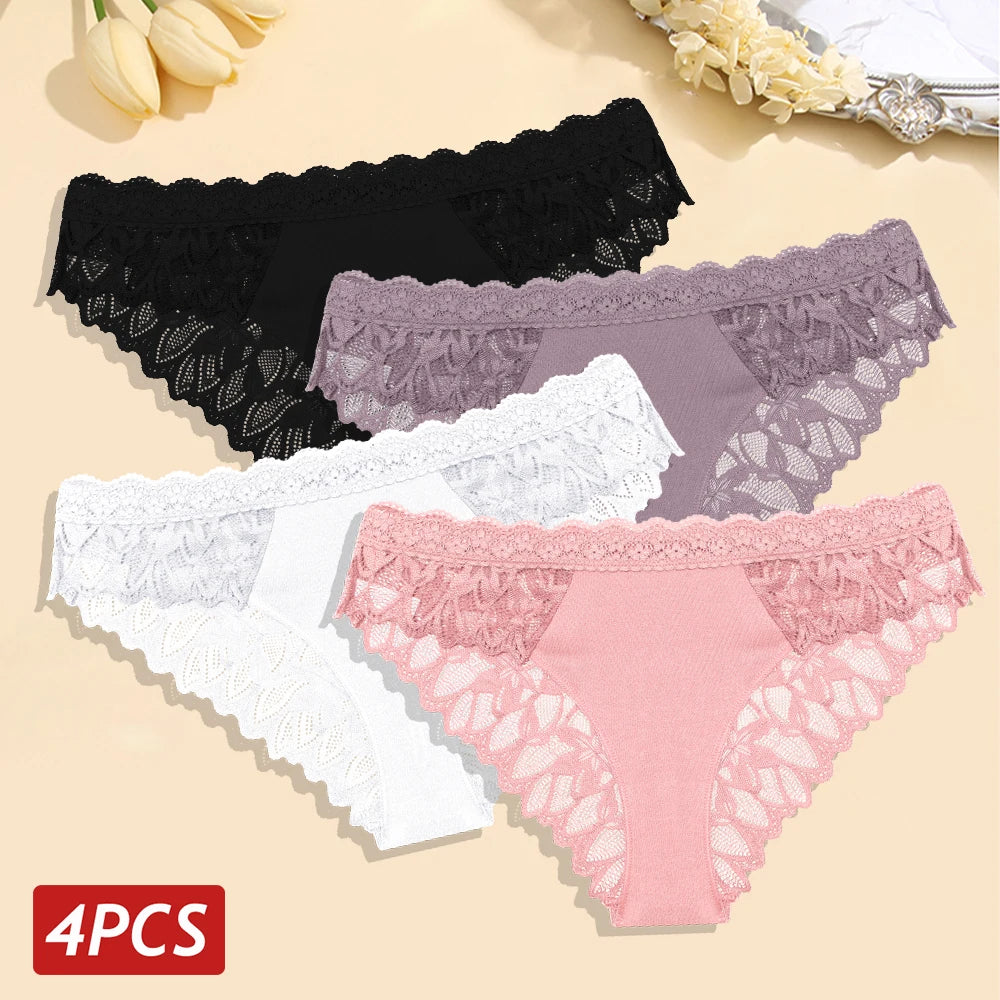 Set 4 Panties Sexy de Encaje Tiro Bajo - Lencería Transparente Elegante