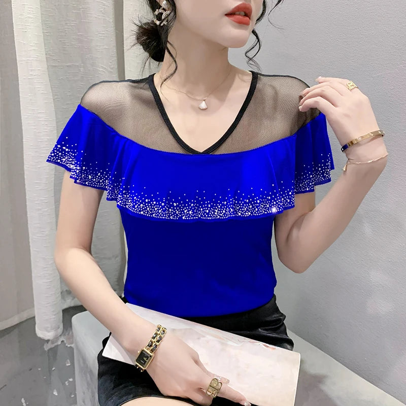 Women's Mesh Ruffle V-Neck Top | Butterfly Sleeve, Diamond Detail, Beach Summer Tee