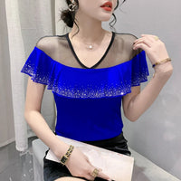 Women's Mesh Ruffle V-Neck Top | Butterfly Sleeve, Diamond Detail, Beach Summer Tee