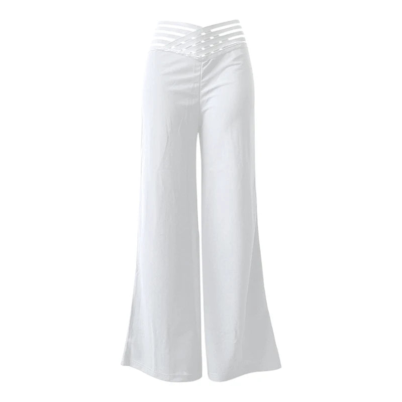 Fashionable Trendy Women's Hollowed Out Waist Belt High Waisted Large Size Pants Casual Straight Tube Loose Wide Leg Pants