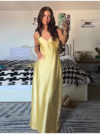 Vestido Satinado Amarillo Mujer - Maxi Vestido Cuello V Sin Mangas para Fiesta y Vacaciones