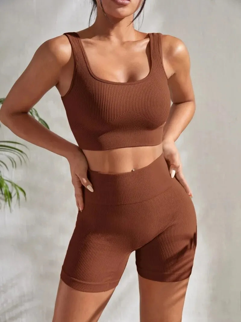 Seamless Ribbed Yoga Set for Women – Crop Tank & High Waist Shorts | Hector & Maison