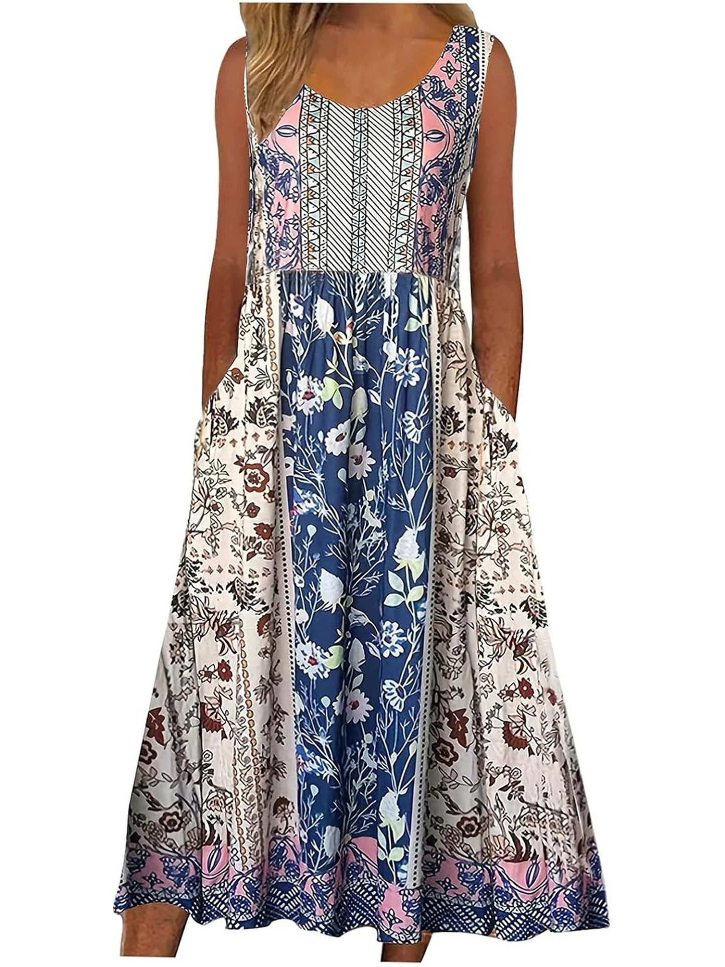 Bohemian Floral Sleeveless Midi Sundress with Pockets | Loose Casual Beach Women's Dress
