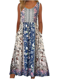 Bohemian Floral Sleeveless Midi Sundress with Pockets | Loose Casual Beach Women's Dress