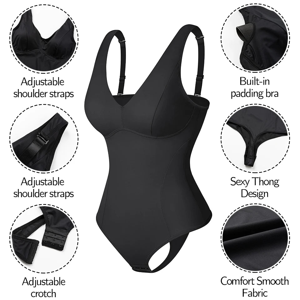 Deep V-Neck Thong Bodysuit Shapewear with Built-In Bra & Waist Trainer