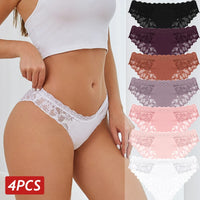 Set 4 Panties Sexy de Encaje Floral - Lencería Transparente Tiro Bajo