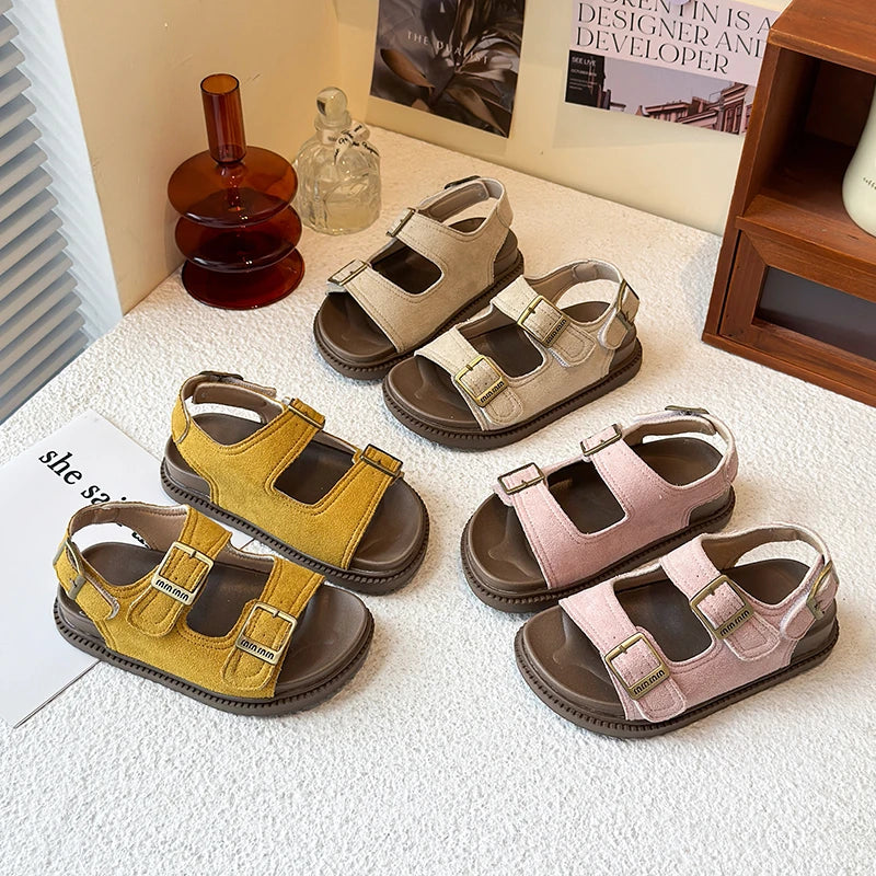 Kids Suede Strappy Sandals - Soft Barefoot Beach Shoes for Boys & Girls