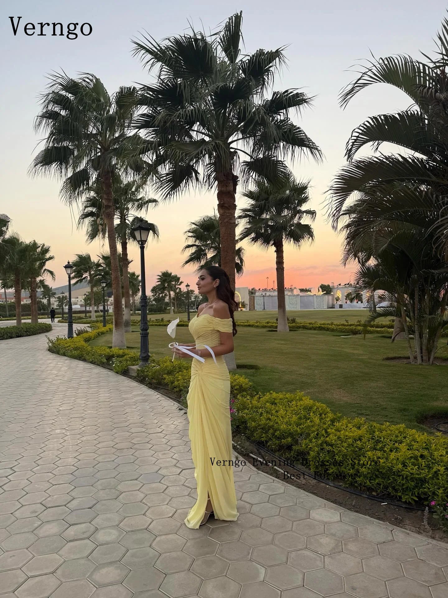 Verngo Yellow Chiffon Evening Dress - Off Shoulder Mermaid Gown with Slit