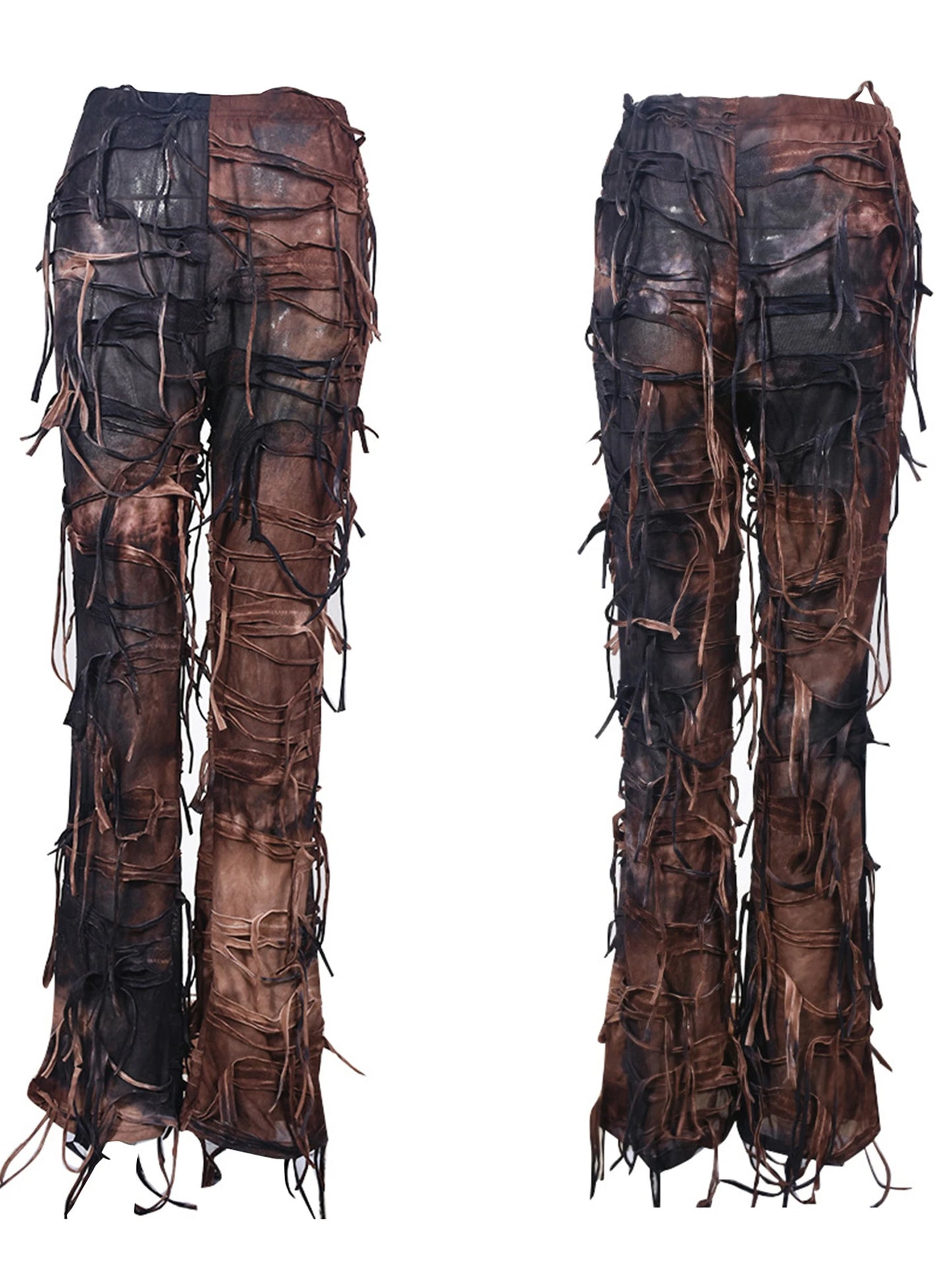 Women s Vintage High Waisted Flare Jeans Pants Retro Tie-Dye Print Bell Bottom Trousers with Fringe Detail for Boho Chic Street