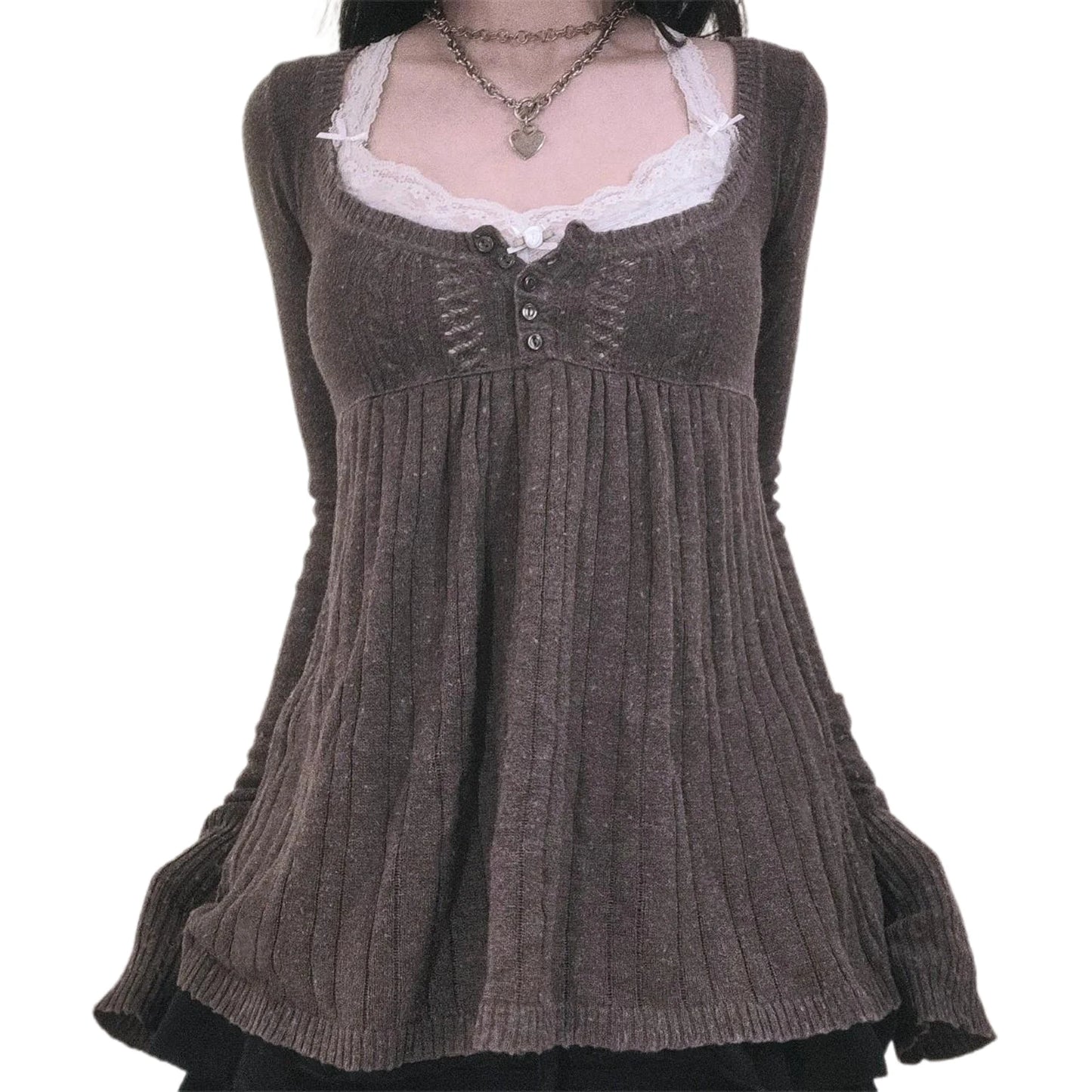 Elegant Women s Fall Knitwear Stylish Long Sleeve Tunic Sweater with Button Detail and Square Neckline