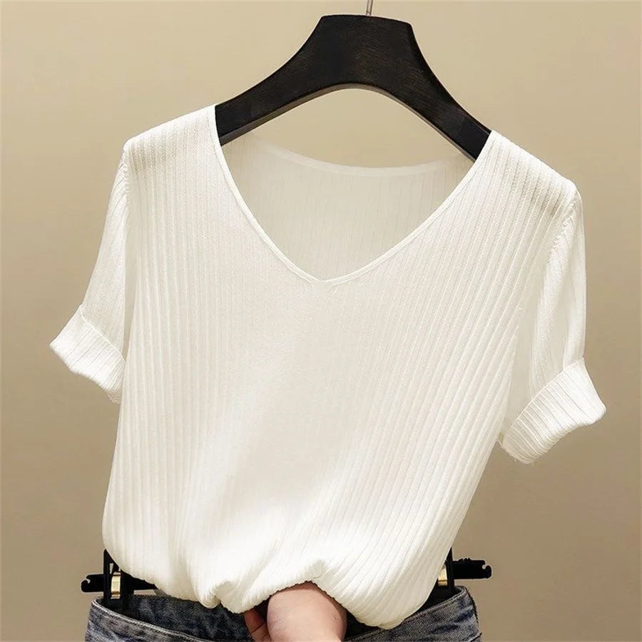 V-Neck Short Sleeve Knit Blouse – Solid High-Stretch Women's Pullover Top