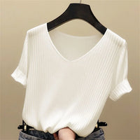 V-Neck Short Sleeve Knit Blouse – Solid High-Stretch Women's Pullover Top