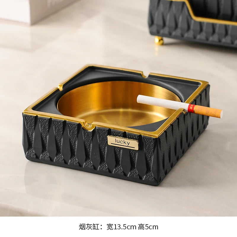 Luxury Resin Desktop Organizer – Ashtray & Tissue Box with Metal Trim