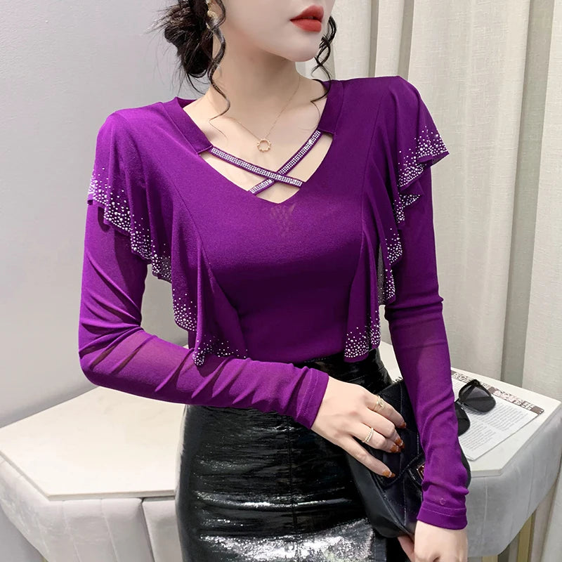 Korean Mesh Ruffle Top with Hot Diamonds | Long Sleeve Slim Fit Women's Shirt