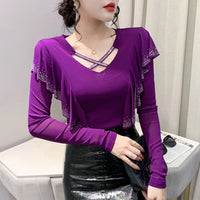 Korean Mesh Ruffle Top with Hot Diamonds | Long Sleeve Slim Fit Women's Shirt