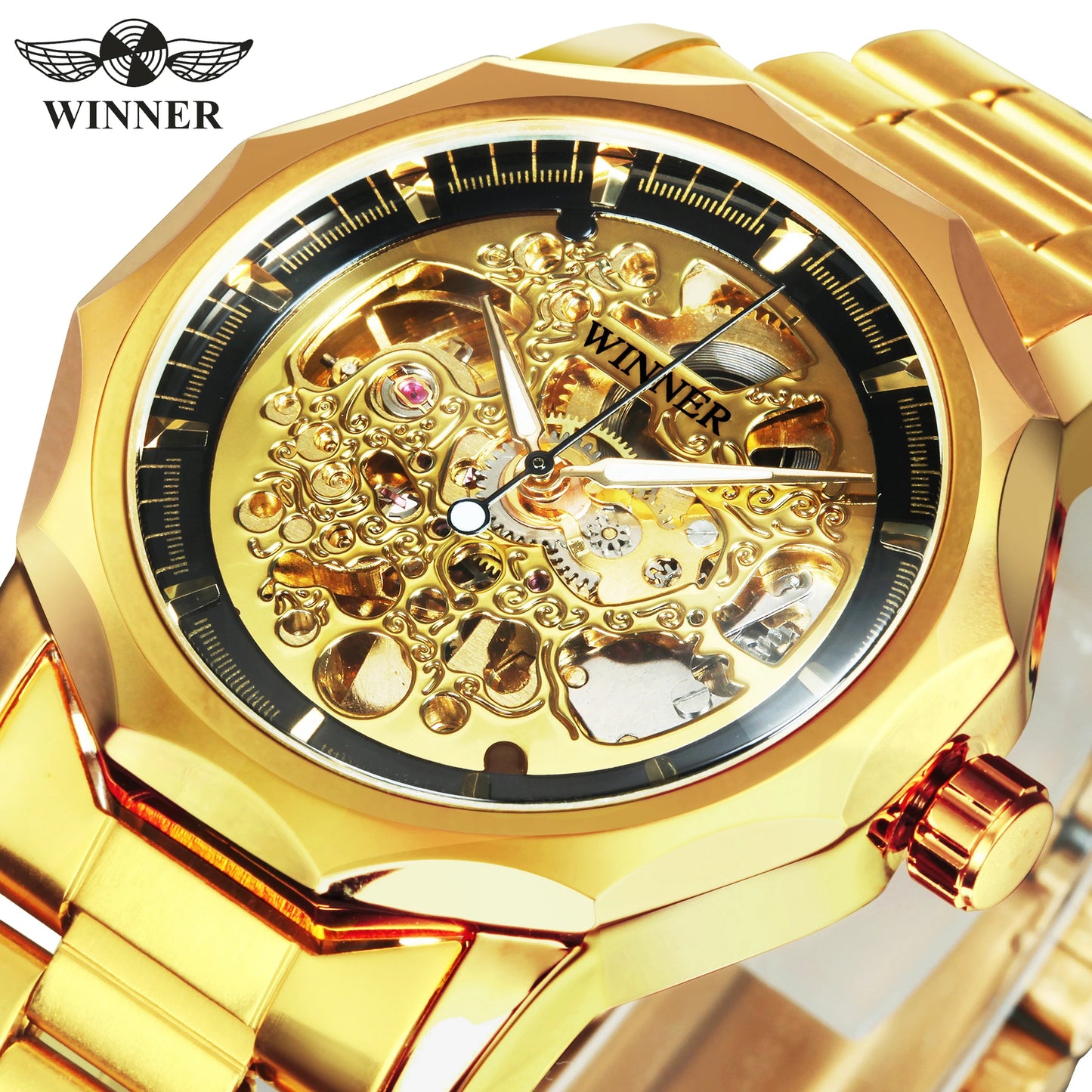 WINNER Luxury Retro Skeleton Automatic Mechanical Watch for Men Luminous Hands Stainless Steel Strap Business Mens Watches Gifts