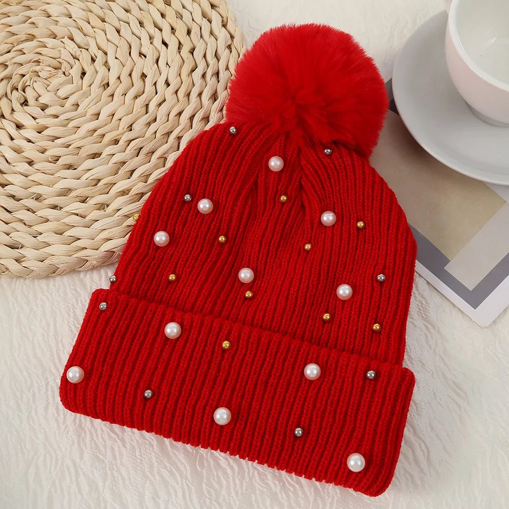 Gorro Invierno Mujer con Pompones y Perlas - Beanie Lana Tejido Cálido y Elegante