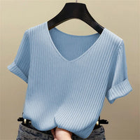V-Neck Short Sleeve Knit Blouse – Solid High-Stretch Women's Pullover Top