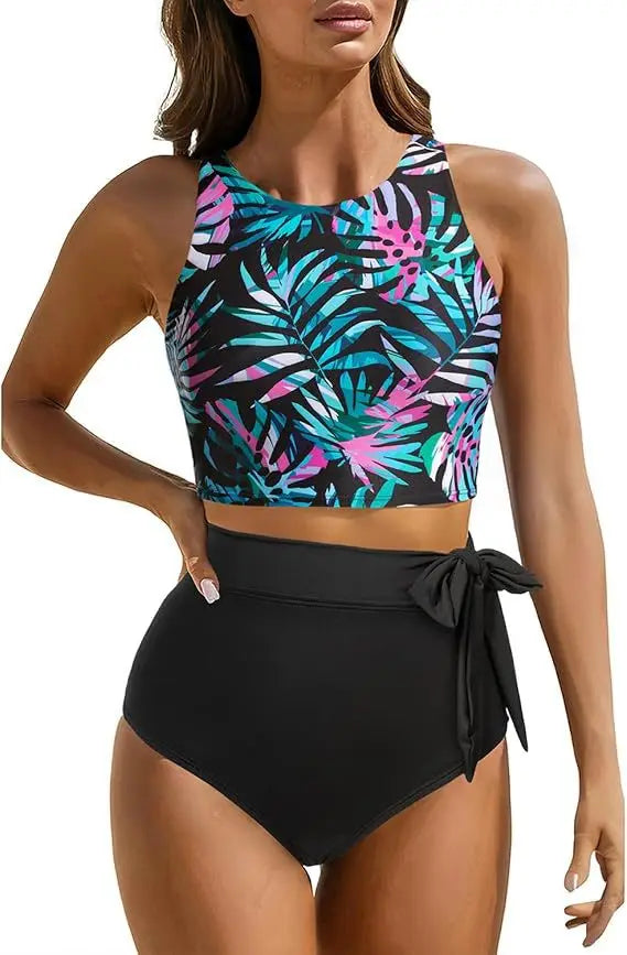 Women's High Waist Bandeau Bikini Set | Solid Color Sporty Swimwear | 2-Piece