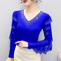 Korean Mesh Ruffle Top with Hot Diamonds | Long Sleeve Slim Fit Women's Shirt