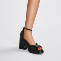 Black Chunky Block High Heel Ankle Strap Sandals